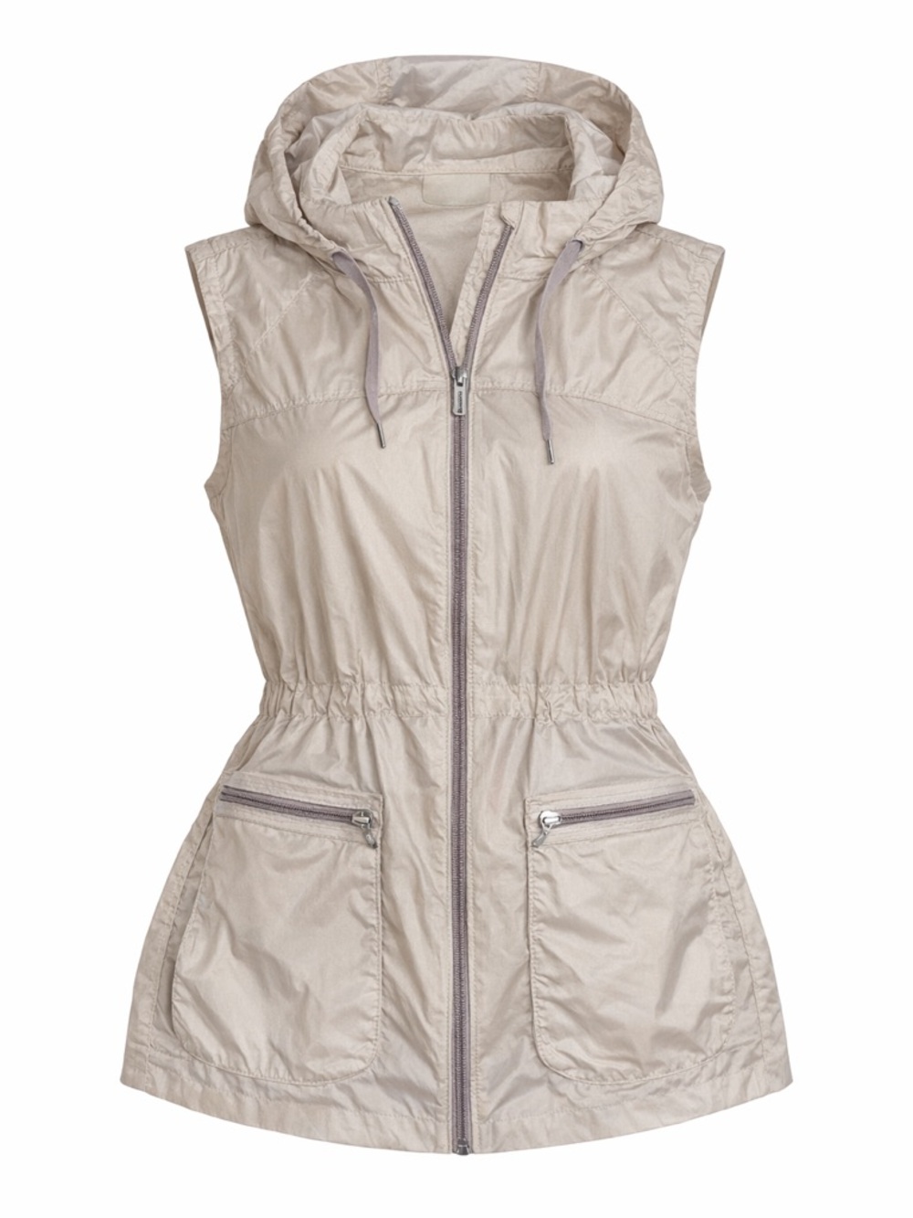 Athleta Medium Hooded Utility Vest Beige Lightweight Zip Pockets Athleisure